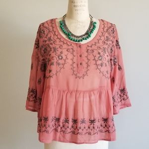 NWOT Free People Peach embroidered sheer top
